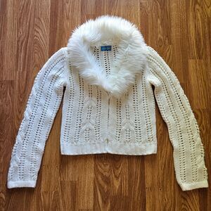 Trixie+Lulu Cardigan Sweater Size M White Knit Faux Fur Detachable Collar Retro